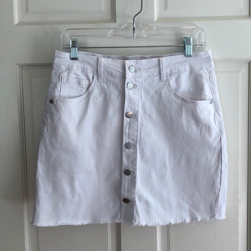 Shein White Front Raw Hem Solid Denim Skirt